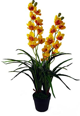 Leaf 90cm Artificial Cymbidium Orchid Plant-Extra Large Black Plastic Pot, Yellow
