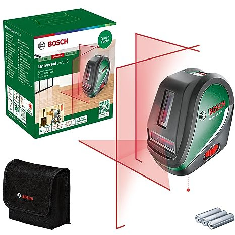 Bosch Láser de líneas cruzadas UniversalLevel 3 (3 líneas láser incl. línea vertical a 90° para línea cruzada adicional en el techo y punto de plomada en el suelo, en caja de cartón)