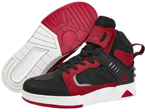 Bofucn Motorcycle Leather Boots,Street Riding Shoes,Anti-Slip Side Zipper Shoes for Men and Women (Black/Red, Adult, 11 Men/12.5 Women)