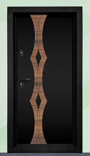 Portone Blindato d’Ingresso Stile Moderno e Contemporaneo con 2 Serrature e 6 Punte Passive Porta Laminata Nera con Dettagli Rovere PL49 (Interna destra)