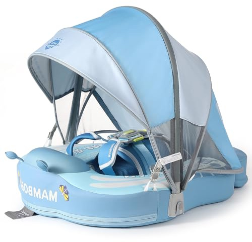 Mambobaby Float Add Tail Baby Swim Float with Canopy Solid Pool Infant Swim Trainer Swimming Training Lying Air Free Water Floats Non-Inflatable Waist Swim Ring for Toddlers (Butterfly - Blue)