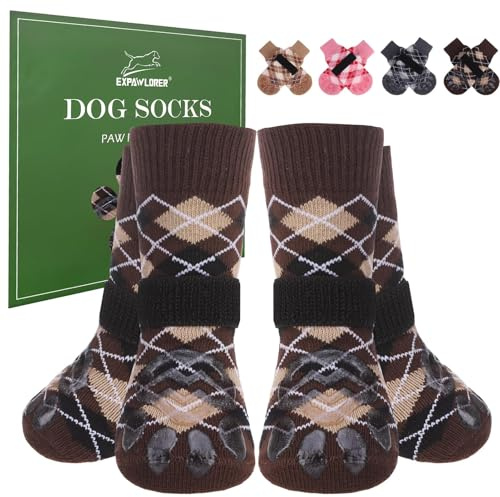 EXPAWLORER Hundesocken Anti Rutsch Leckschutz von Pfoten, doppelseitiger Rutschfester Pfotenschutz für Hartholzböden, Hunde Socken verletzung für alle Hunde, britischer Stil, Braun XL