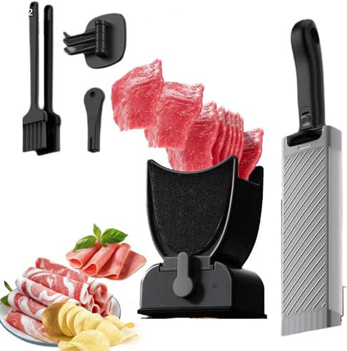 Manual Meat Slicer for Home, Stainless Steel Meat Slicer Cutter Set with Sharpener, 2 x Clean Brushes, Hook, Thickness Adjustable 2-4 mm, Dishwasher Safe,Fresh Meat Food Cutter for Beef Pork Mutton