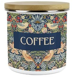 Purely Home Blue Strawberry Thief Coffee Storage Canister - Morris Inspired Tapestry Artwork Homeware Gifts - Medium Sized Metal Enamel Kitchen Food/Drinks Storage Container 600ml