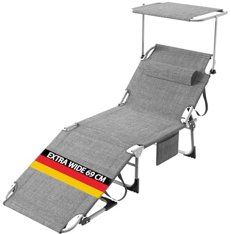 Sonnenliege mit Dach & Kopfkissen, Liegestuhl leicht - Extra Breit - mit Verstellbarer Rückenlehne & Seitentasche, Gartenliege, Strandliege Tragbar für Strand-Garten, Klappbare Sonnenliege, Leinengrau