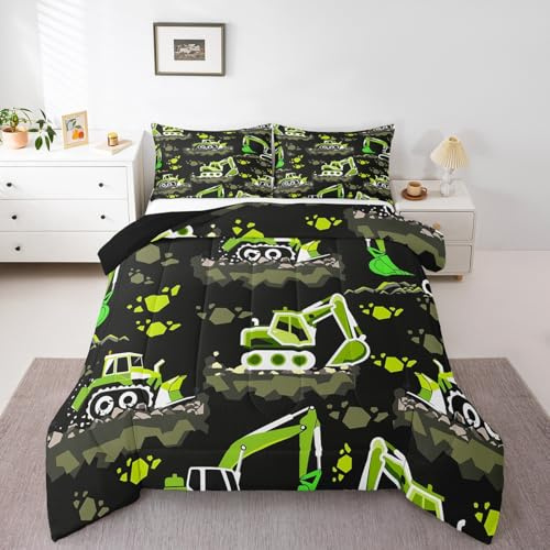 Juego de edredón infantil de dibujos animados para niños, tamaño individual, juego de ropa de cama acolchado verde y negro con 1 funda de almohada, ropa de cama ligera, suave y transpirable, 2 piezas