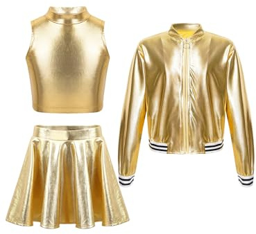 Lejafay Mädchen Glitzer 3Pcs Outfit Metallic Bomberjacke Crop Top und Skater Kinder Disco Rock Jazz Tanz Party Karneval Festival Bekleidungsse Jacke