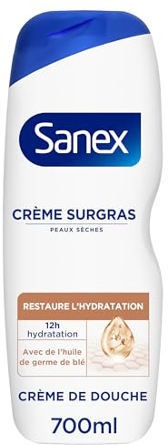 Sanex, Gel Douche Peaux Sèches Surgras, Derma Care Crème, 700 ml | Crème de douche nourrissante, Formule prébiotique à l'huile de germe de blé, Restaure l'hydratation cutanée pendant 12h