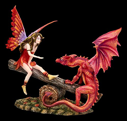 Elfi Figura su Altalena con Rossi Draghi Fata, Fairy, Angelo, Figura-Decorativa, Articolo Decorazione, Statua, Scultura, H 23,5 CM