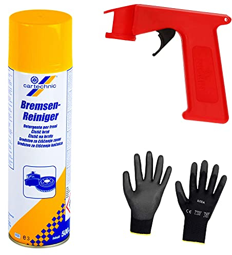 Iloda® Schutzhandschuhe + Sprüh-Pistolengriff (rot oder schwarz) + 1x 500ml cartechnic Bremsenreiniger Spray, Entfetter, Ölentferner, Fettentferner