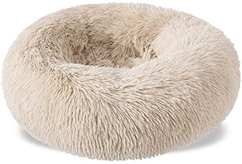Aodafei Haustierbett Hund & Katze Kissen Bett Körbchen Hundebett Hundekissen Hundekörbchen Katzenbett Katzenkissen Rund Donut Herausnehmbaren Waschbar,Beige,50 cm