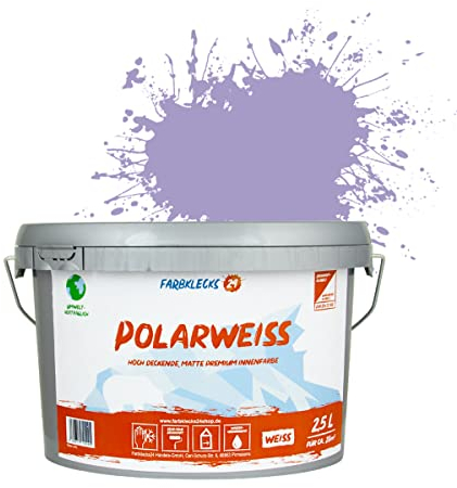 Farbklecks24 Polarweiss Color (versch. Farben) premium Wandfarbe, weiss, sehr hohe Deckkraft, Wandfarbe, Deckenfarbe, Deckkraft Klasse 1, Nassabrieb Klasse 2 (2,5L, Lila 2-2)