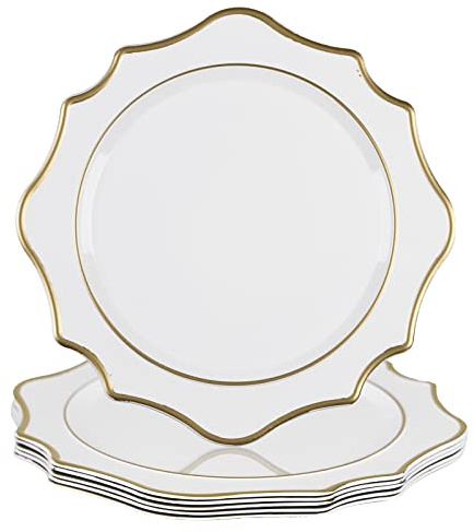 MAONAME 33 cm weiße Platzteller, 6er-Set, rundes Ladegerät für Speiseteller, Jakobsmuschel-Teller-Ladegeräte mit Goldrand, Kunststoff-Ladegeräte für Tischdekoration, Hochzeitsdekoration