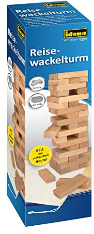 Idena - Reisespiel Wackelturm aus Holz, Geschicklichkeitsspiel mit 54 Bausteinen und Aufbewahrungstasche, ca. 4,8 x 4,8 x 16 cm großer Stapelturm