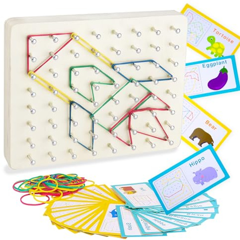 VingaHouse Geoboard in Legno Giochi Educativi Montessori 3 4 5 6 Anni, Giocattolo Educativo Geometrico Elementare con 30 Carte Modelli 53 Elastici per la Creazione di Figure e Forme Regali per Bambini