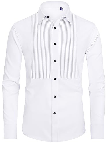 J.VER Men's Tuxedo Shirt Formal Dress Shirt Pleated Long Sleeve Button Down Shirts for Prom Party Wedding, A-White+Black Button, Large