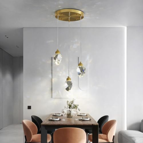 Sxtiger Moderne Kristall Pendelleuchte, 3-Farbige LED Kristall Pendelleuchte, Höhenverstellbare Goldene Decken Hängelampe, Für Kücheninsel Schlafzimmer Wohnzimmer Esszimmer (3-Köpfiger Runder Sockel)