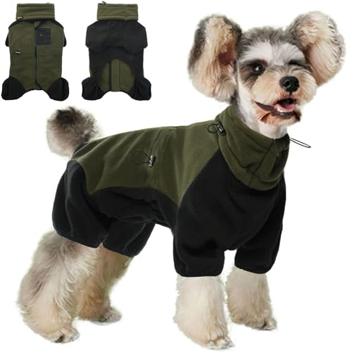DENTRUN Hundemantel für Kleine Hunde, Wintermantel Klein, Hundejacke Mit Beinen, Warme Weiche Fleece, Mit Snood, Onesie Outfit (Armeegrün, S)