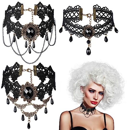 3 Stück Spitzen Choker Halsketten Set für Damen Schwarze Spitze Ketten Vintage Halsband Lolita Kostüm Zubehör für Halloween Party (Elegant)