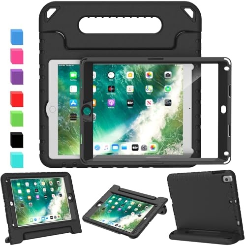 SINSO Funda infantil para iPad de 9.7 pulgadas - 2017/2018, iPad Air 2 - Protector de pantalla, funda a prueba de golpes con asa y soporte, color negro
