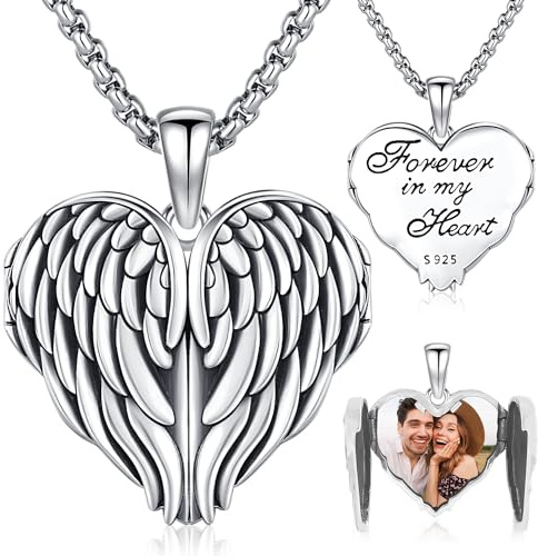 Friggem Medaillon zum Öffnen für Bilder Foto Halskette 925 Engelsflügel Herz Medaillon Anhänger Kette, Erinnerungs Geschenke für Mama Frauen Mädchen