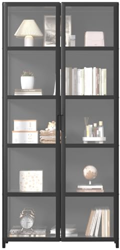 Vitrine für Sammlerstücke, Bücherregale, Aufbewahrungsschrank mit Doppeltür-Design, transparente Seiten, starke Tragfähigkeit, 82 × 33 × 161 cm, Schwarz