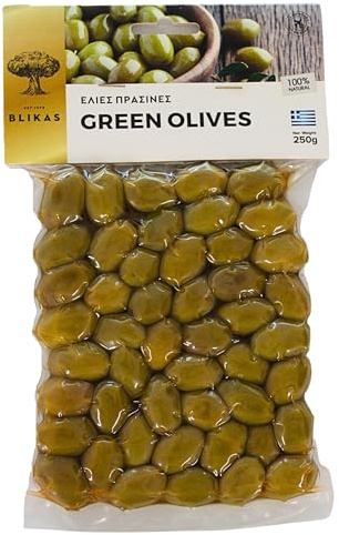Blikas Olive Verdi Greche Intere al Naturale con Olio e Aceto 2x250g | Ideali per aperitivo, antipasti, insalate e cucina mediterranea
