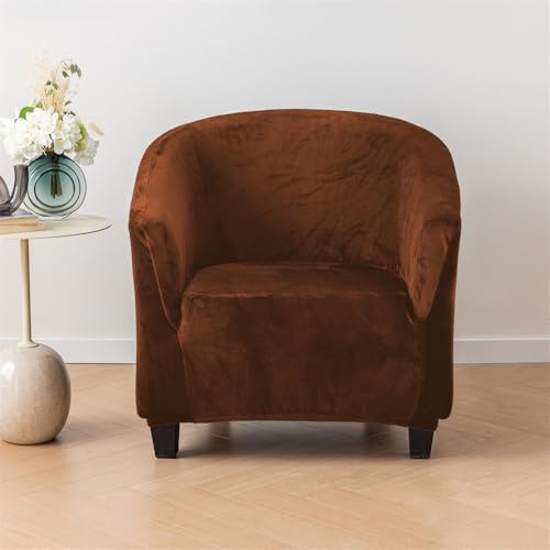 Highdi Samt Sesselbezug 1 Sitz Verdicken Einfarbig Stretch Sesselüberwurf Clubsessel Sesselhusse - Waschbar Universal Cocktailsessel Sesselschoner mit Armlehnen (Braun)