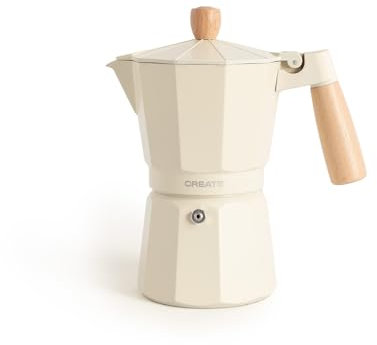 CREATE / THERA MOKA RETRO/Cafetera italiana sin adaptador para inducción blanco roto/Capacidad de 9 tazas, aluminio, 450 ml, válvula de seguridad, apta para gas, cocina eléctrica o vitro