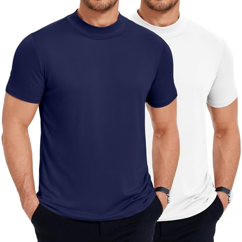 COOFANDY Pack di 2 T-Shirt Uomo Maniche Corte con Mezzo Collo Arrotolato Scollo Rotondo Slim Fit T-Shirt Estivo Canottiera Maglia Basic Bianco/Blu Navy 3XL