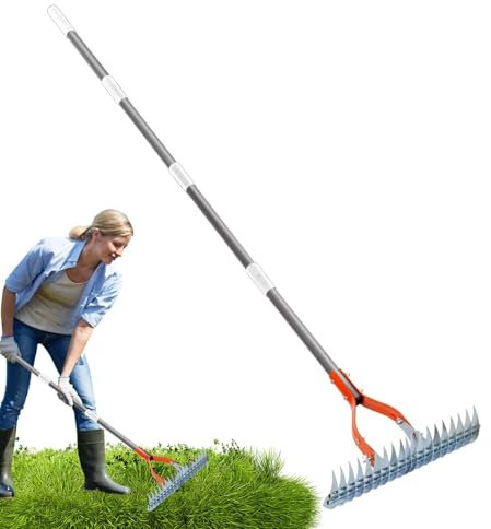 Rastrello da giardino a mano, rastrello in metallo di paglia – Rastrello a mano del coltivatore a manico lungo regolabile – Attrezzi da giardinaggio portatili staccabili, coltivatore di barre per gli