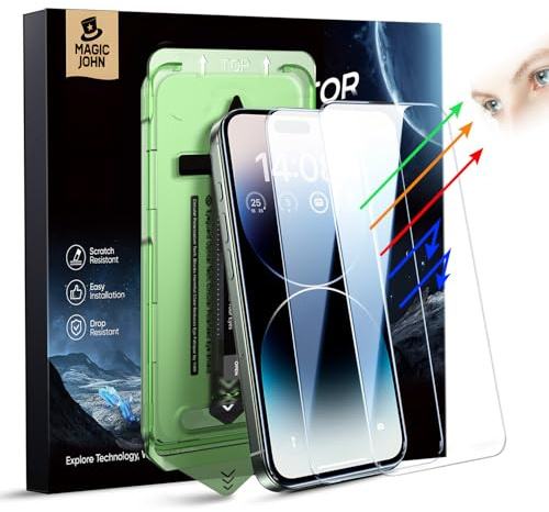MAGIC JOHN 2 Stück für iPhone 14 Pro Max (6,7 Zoll) Displayschutz Augenschutz Anti-Blaulicht, HD Klar, Auto Dust-Elimination, 9H-Gehärtetes Glas & Kratzresistenz, Vollständige Kantenabdeckung