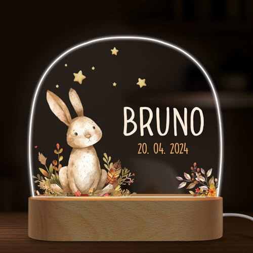 GRAVURZEILE Personalisiertes Nachtlicht für Kinder - Waldtiere Hase - Personalisiert mit Name - LED Nachttischlampe für Kinderzimmer - Geschenk zur Geburt, Taufe & Geburtstag für Jungen & Mädchen