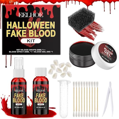 Faux Sang Halloween Lavable, Faux Sang Spray, Realistischer Effekt, Leicht zu Reinigen, Contient du Faux Sang Liquide et Fake Blood Gel, Adapté au Maquillage Halloween Vampire, Maquillage d'Horreur