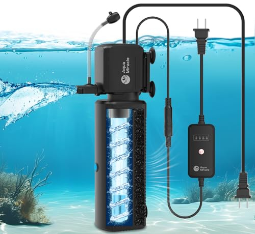 AquaMiracle Aquarium Filter with U - V Light & Filter Sponge, Fish Tank Filter with Timer for Green Water, Turtle Filter with Aeration & Rainfall Mode for Aquarium 30-70 Gallon