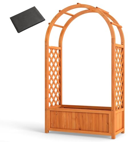 GiantexUK Raised Garden Bed with Arch Trellis, Wooden Garden Planter Box | Climbing Plants Vines Vegetables Herbs Flower Pots Grow Box with Drainage Holes & Protective Liner for Patio Backyard
