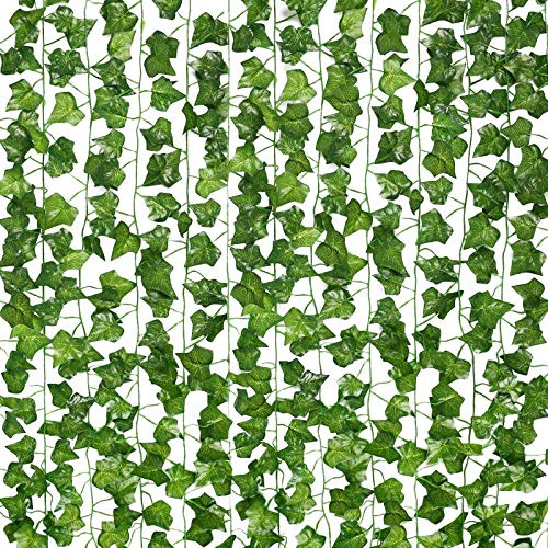 12 Stück Efeu Künstlich Girlande Kunstpflanze Hängend Grüne Blätter Plastik Hängende Pflanzen Gefälschte Reben für Innen Außen Grünpflanzen Deko für Zuhause Küche Garten Büro Hochzeit Wanddekoration