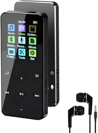 COVVY Lettore MP3 da 24 GB con Bluetooth, lettori audio MP3 Dgital con altoparlante, radio FM, lettore video, registratore vocale, funzione e-book, suono senza perdita di dati, auricolari inclusi