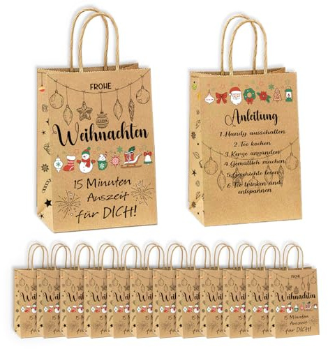 12 Stück Geschenktüten Weihnachten, 15-Minuten-Weihnachtszeit (Zeit für Dich), Weihnachtstüten zum Befüllen, Papiertüten Weihnachten mit Griff, Weihnachtssackerl für Weihnachtsgeschenke