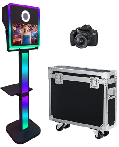 DSLR-Fotokabinen-Maschine, 15,6 Zoll, Selfie, tragbar, Touchscreen, Photobooth mit RGB-Licht für Hochzeiten, Veranstaltungen, Partys, Fotoautomaten mit Flugtasche (Schwarz, Maschine + Kamera)