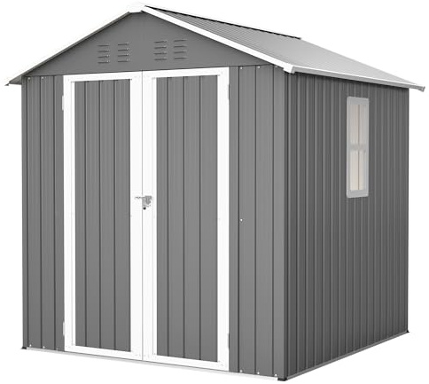 Gartenhaus Metall 170×170×191 cm, Gerätehaus mit Fenster & Satteldach, Fundament, Wetterfester Gartenschuppen für Fahrrad Gartengeräte & Terrasse, Grau