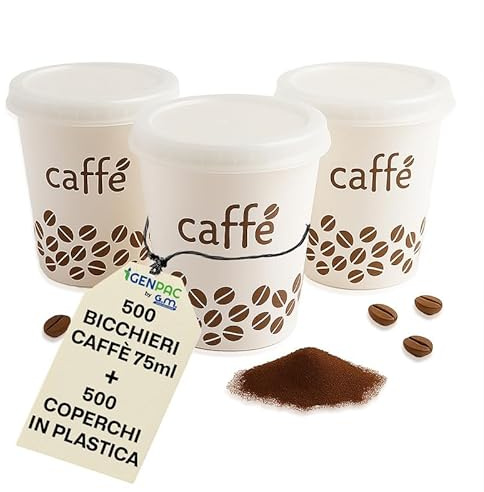 G.M. DISTRIBUZIONE GM - 500 Bicchieri in Carta Bio Compostabile 75 ml con Coperchi Rigidi – Riutilizzabili, Ecologici – Ideali per Caffè, Bevande Calde e Fredde – Perfetti per Bar, Uffici e Take Away