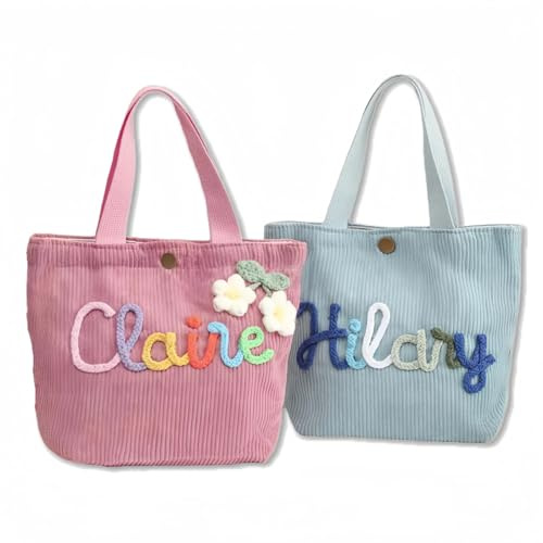 MEIEG Personalisierte Cord-Tragetasche, Individuell Bestickte Baumwollseil-Tasche Mit Namensaufdruck, Freizeittasche/Reise/Campinghandtasche Für Damen Und Kinder