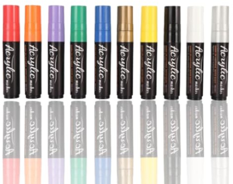 Jwthee Juego de 10 marcadores de pintura acrílica de colores vibrantes, puntas de fibra de 15 mm, rotuladores de pintura de secado rápido a prueba de agua para letreros, tableros,