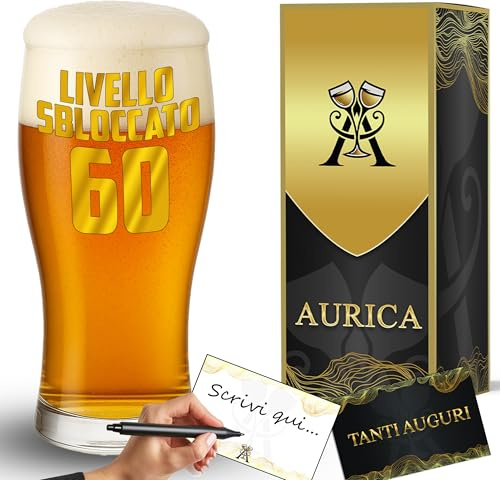 Aurìca Bicchiere Da Birra Personalizzato LIVELLO SBLOCCATO 60 – Sorprendi Chi Compie 60 Anni Con Un Regalo Simpatico E Originale! Boccale Per Brindisi Memorabili Con Confezione Regalo Inclusa