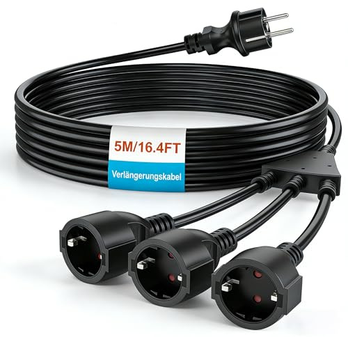 Cavo di prolunga da 5 m, cavo di prolunga Schuko con 3 prese, prolunga cavo in gomma di alta qualità, IP44, resistente alle intemperie, per giardino, officina, cantiere (16 A/250 V, nero)