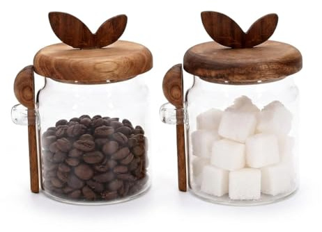 Punorric 2 Pack Airtight Coffee Canister - 400ml Airtight Coffee Bean Storage, Glass Kitchen Canisters with Wooden Lid & Spoon, Storage Jar for Tea,Cafe,Spices, Tea Caddy & Coffee Bar - Small