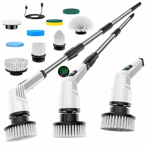 Electric Spin Scrubber, Cordless Electric Cleaning Brush with 9 Replaceable Heads, 450RPM Power Floor Scrubber, Adjustable Long Handle, LED Display Bathroom Cleaning Brush for Tile Kitchen Car