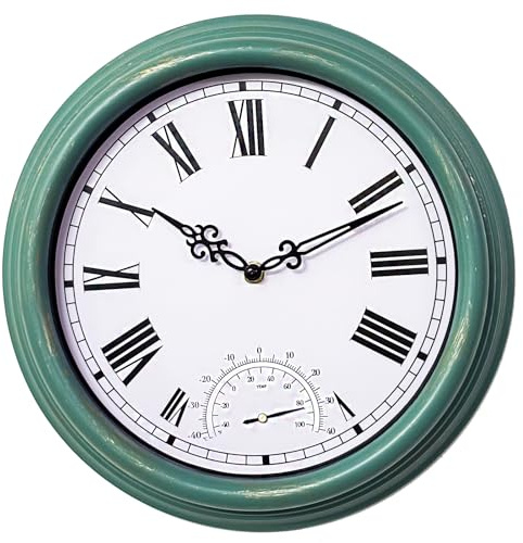 Taodyans Outdoor Wall Clock, 12in Outside Waterproof Garden Clock with Thermometer, IP44 Weatherproof Hanging Clock for Patio, Pool, Porch, Bathroom, Balcony-Not Silent(Turquoise)