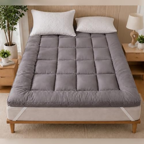 Luxurious Supersoft Mattress Topper Double Bed | Machine Washable & Hotel Quality Box Stitch 1100GSM Microfibre 137x190cm Quilted Toppers Corner Straps Breathable